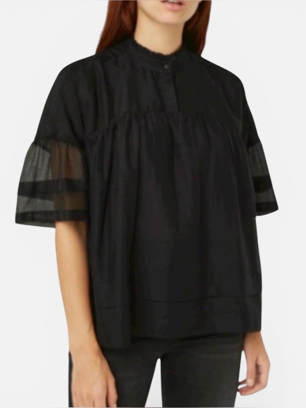 Allsaints Etna Silk Blend Short Sleeve Blouse Women 6 Black Relaxed Ruffle Chic‎